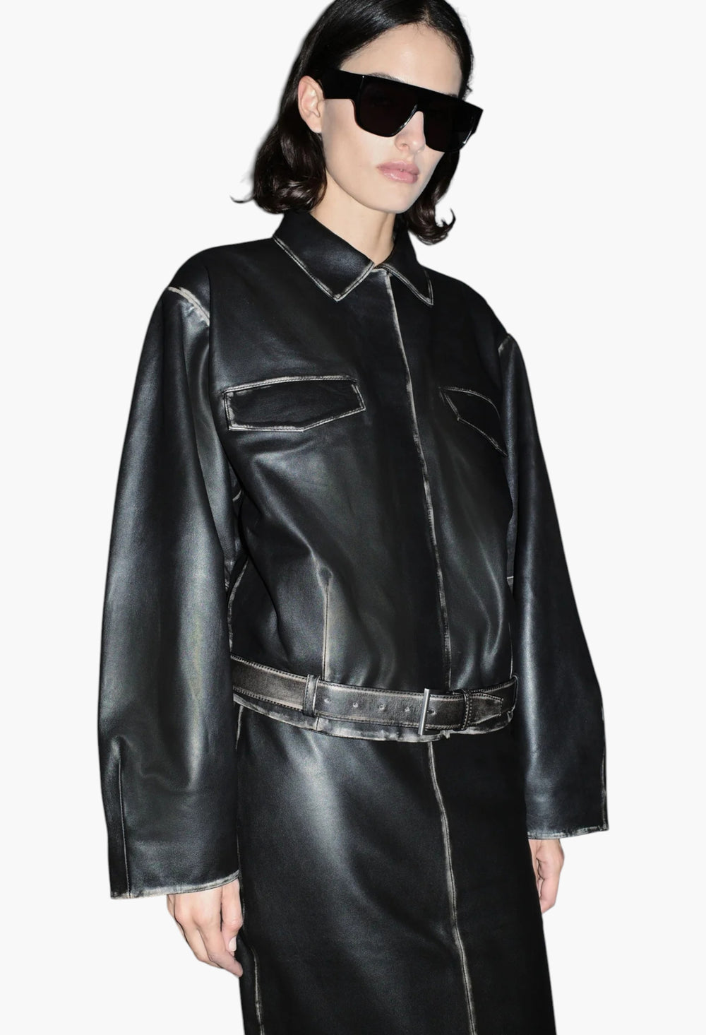 Brushed Leather Belted Jacket - GLAM MODA