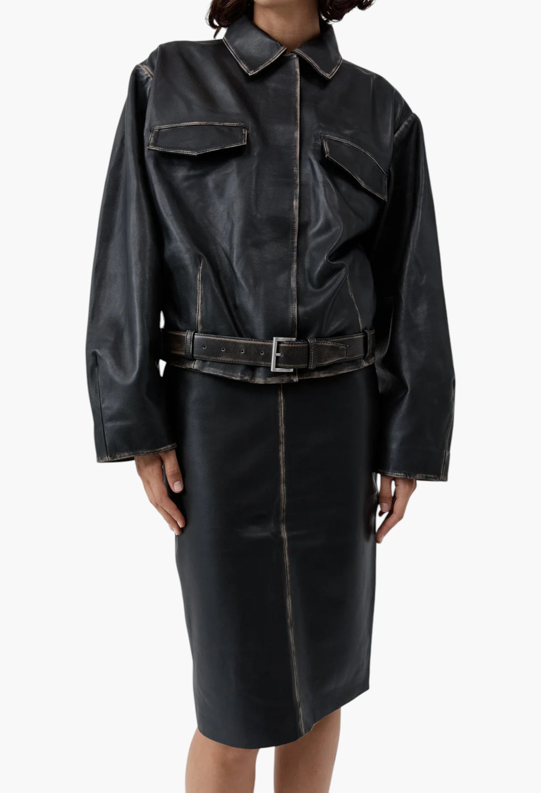 Brushed Leather Belted Jacket - GLAM MODA