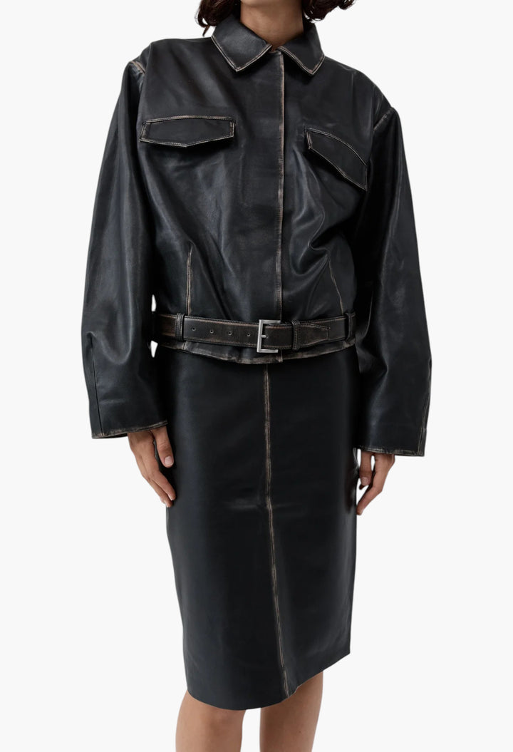 Brushed Leather Belted Jacket - GLAM MODA