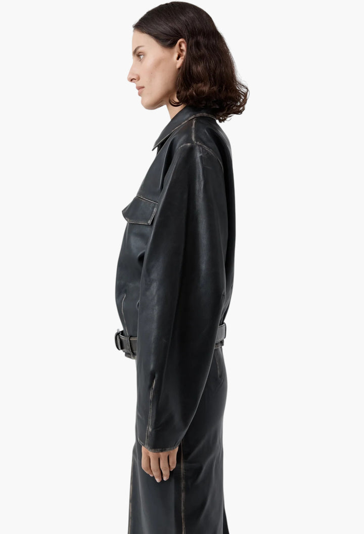 Brushed Leather Belted Jacket - GLAM MODA