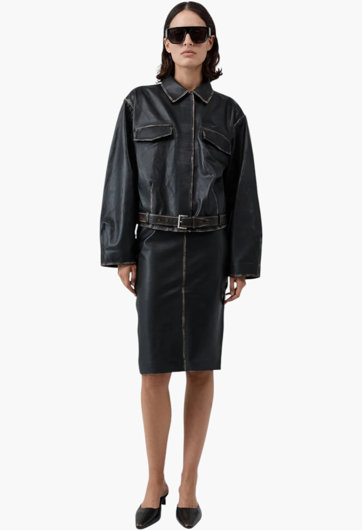 Brushed Leather Belted Jacket - GLAM MODA