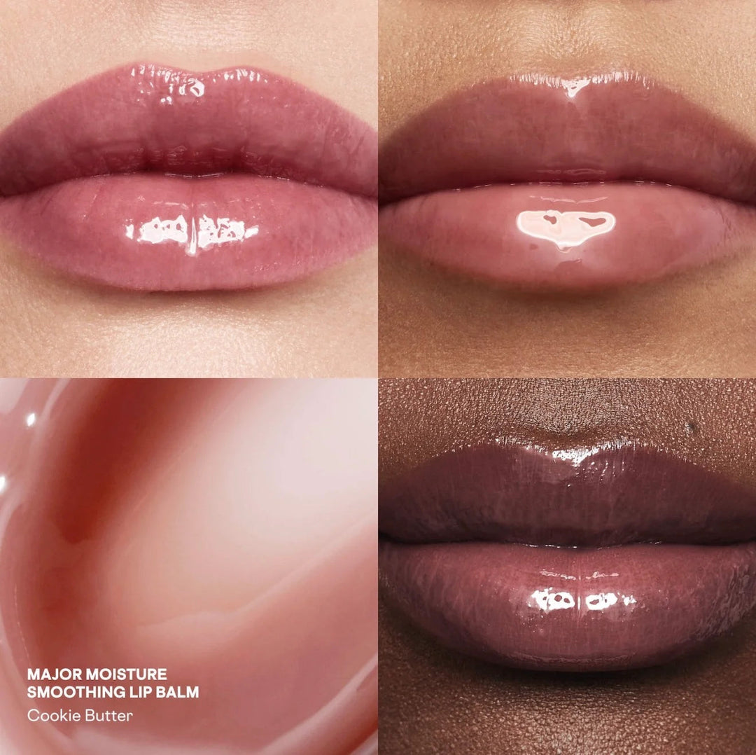 GLAM MODA PATRICK TA Major Moisture tinted lip balm in Cookie Butter showing glossy, hydrated lips in various shades.