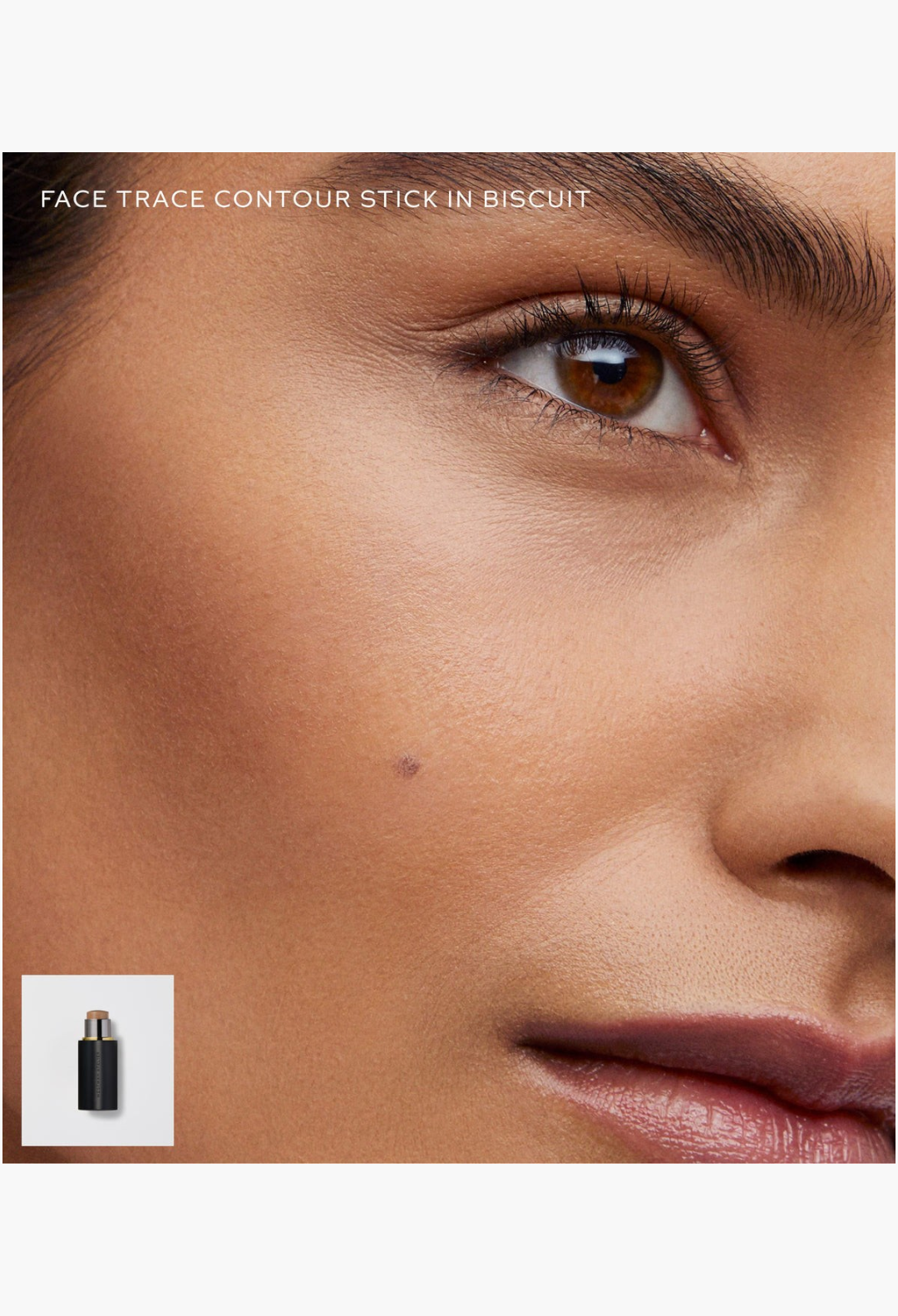 GLAM MODA Face Trace Contour Stick in Biscuit applied to a model's cheekbone for a natural sculpted finish