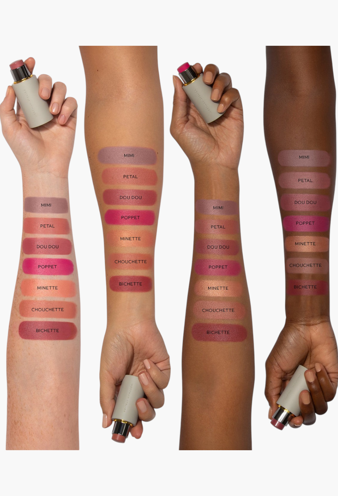 GLAM MODA makeup stick swatches in various shades on four different skin tones for a natural glow and color flush