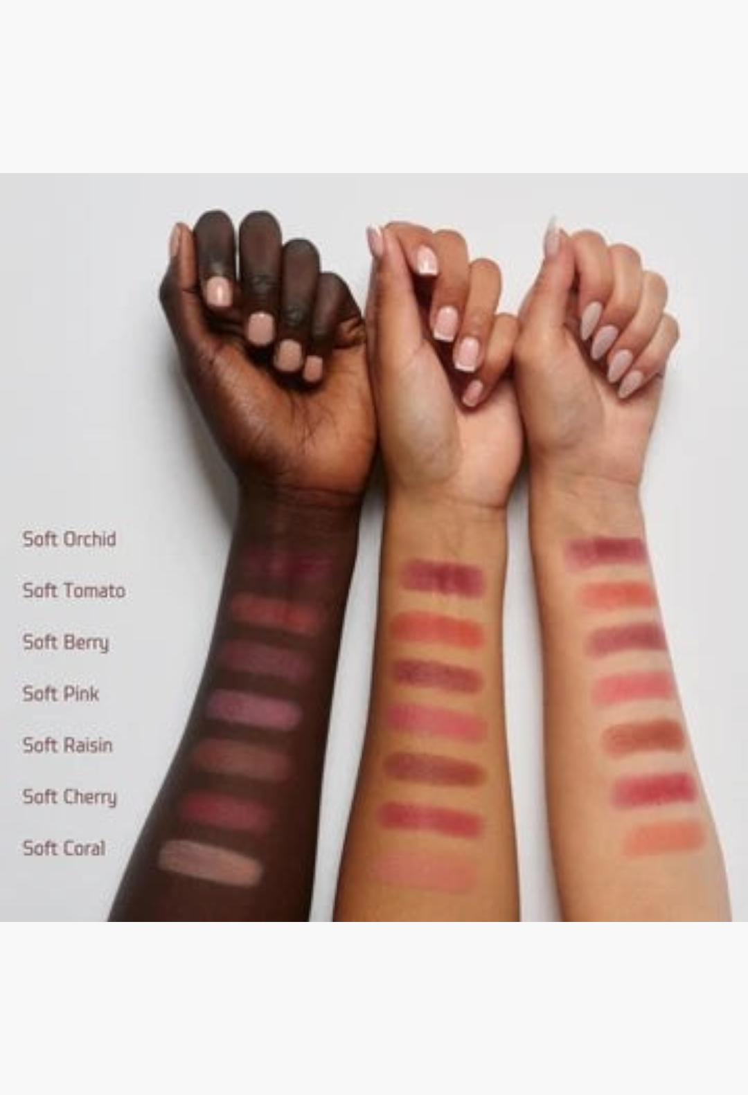 GLAM MODA Soft Smudge lip and cheek cream-to-powder stick swatches in seven shades on two different skin tones