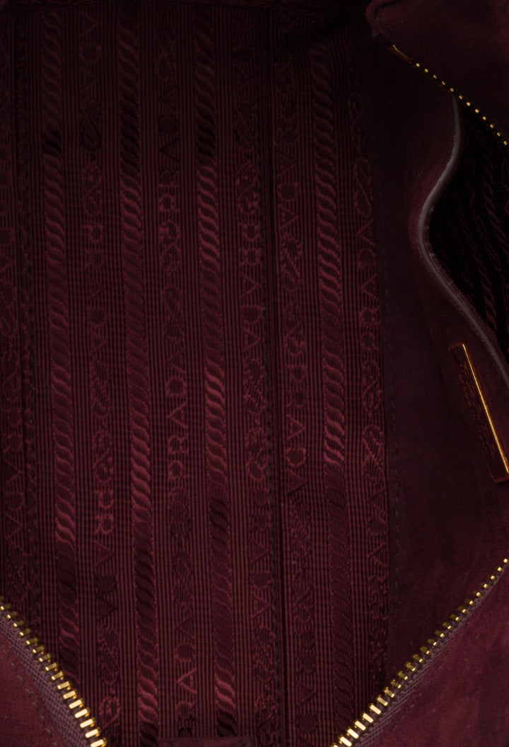 Burgundy - Prada Explore Medium Suede Shoulder Bag With Flap - GLAM MODA