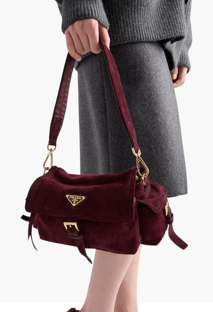 Burgundy - Prada Explore Medium Suede Shoulder Bag With Flap - GLAM MODA