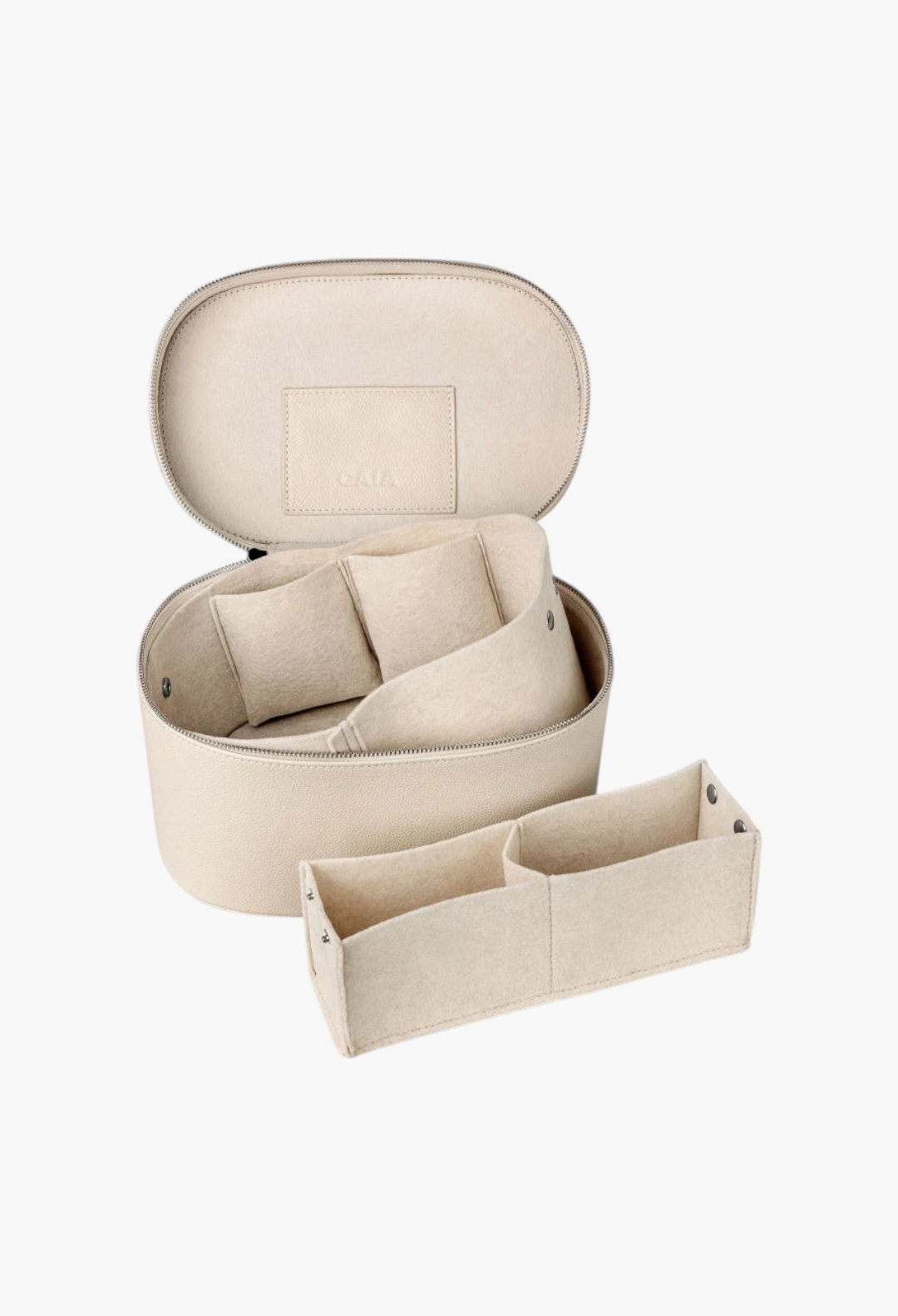 GLAM MODA beige vegan leather beauty case with a removable interior felt organizer for travel storage.