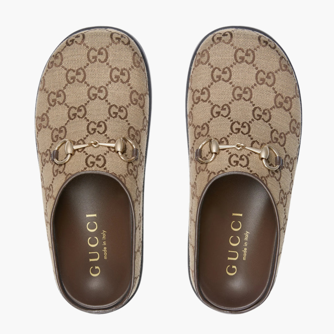 Camel And Dark Brown GG Canvas - Women's Mule With Horsebit - GLAM MODA