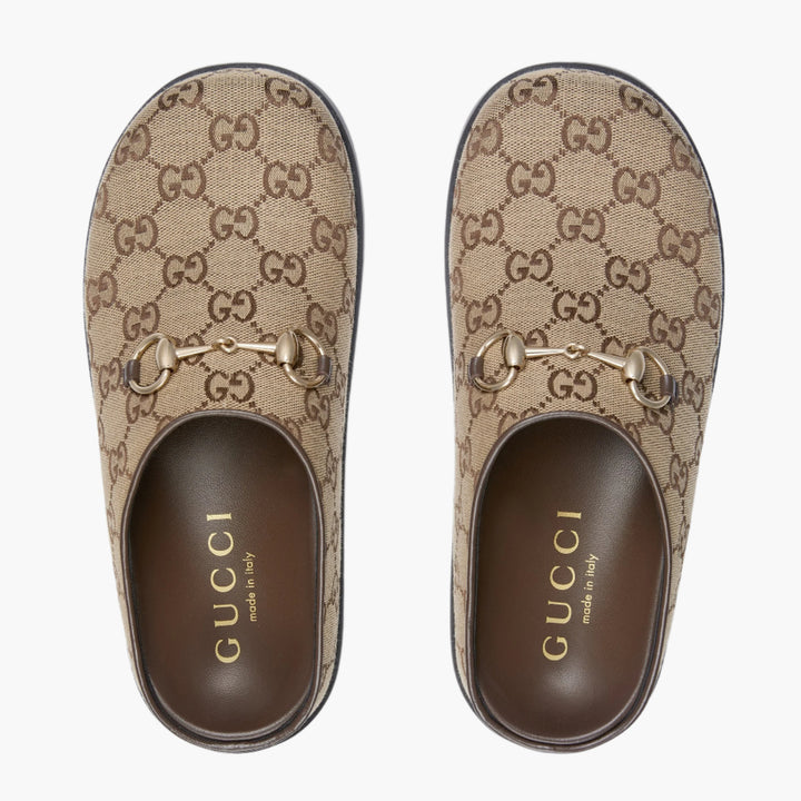 Camel And Dark Brown GG Canvas - Women's Mule With Horsebit - GLAM MODA