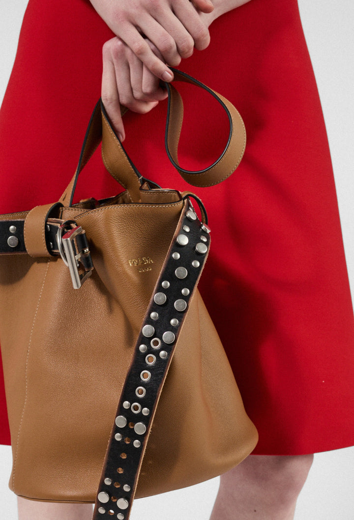 Caramel/Black - Prada Buckle Leather Bucket Bag With Studded Belt - GLAM MODA