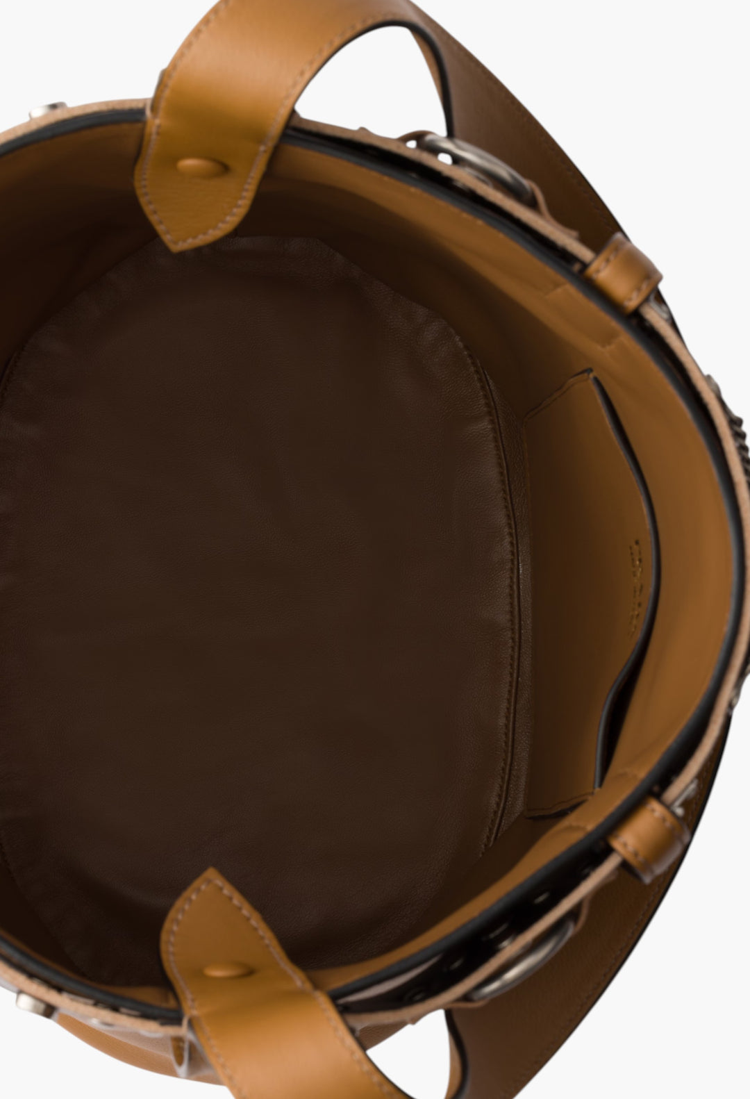 Caramel/Black - Prada Buckle Leather Bucket Bag With Studded Belt - GLAM MODA