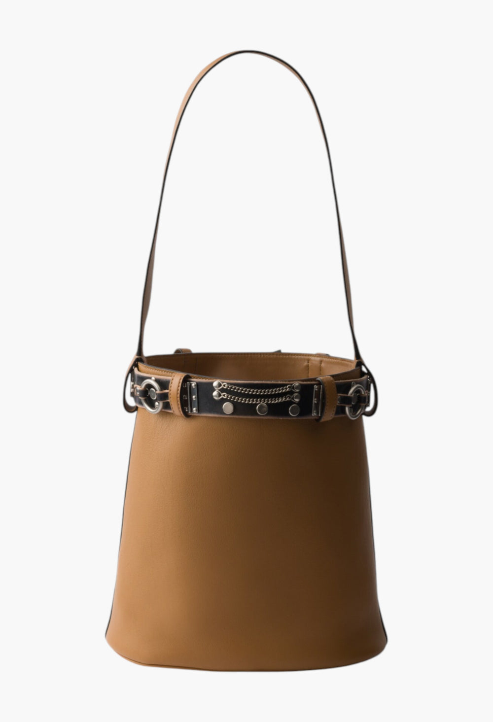 Caramel/Black - Prada Buckle Leather Bucket Bag With Studded Belt - GLAM MODA