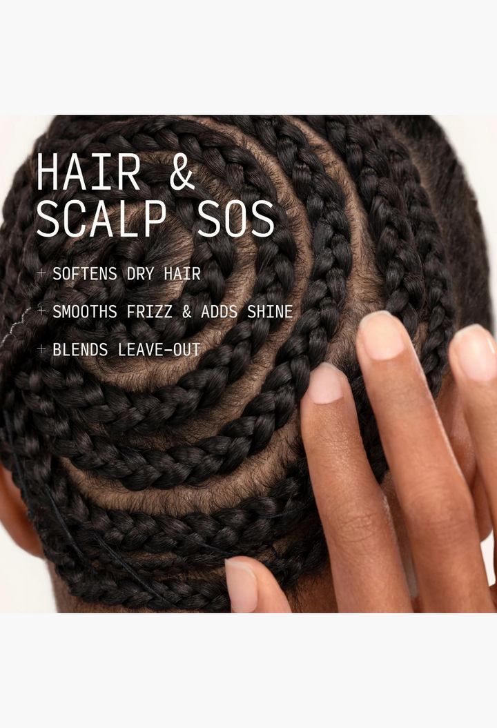 GLAM MODA Braid-Out Bundle hair care products shown on a person with neatly braided hair to smooth frizz and add shine.
