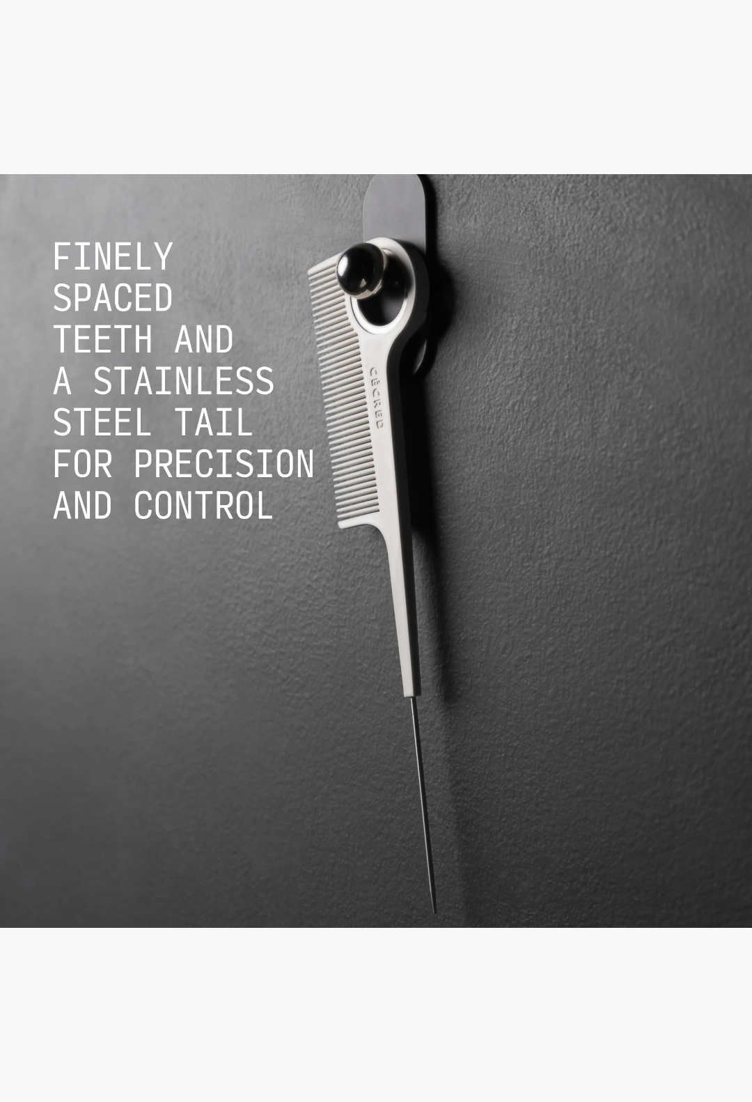 GLAM MODA parting tail comb with fine teeth and a stainless steel pin tail for precise hair sectioning and styling.