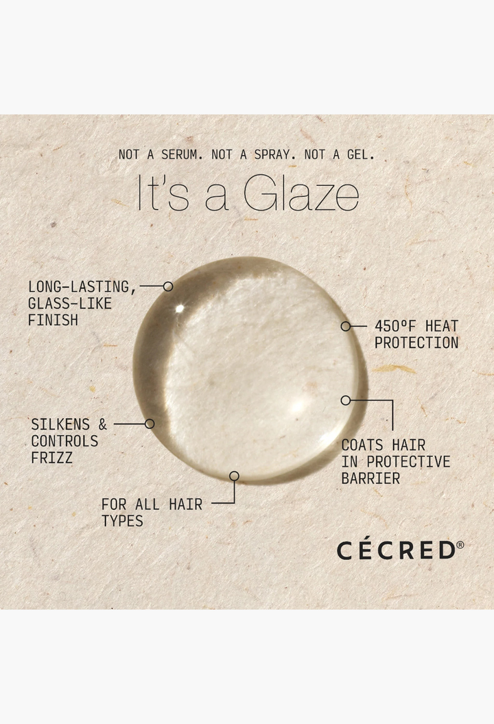GLAM MODA Cécred Heat Activated Silk Glaze gel-serum hybrid with key benefits and features highlighted on white background