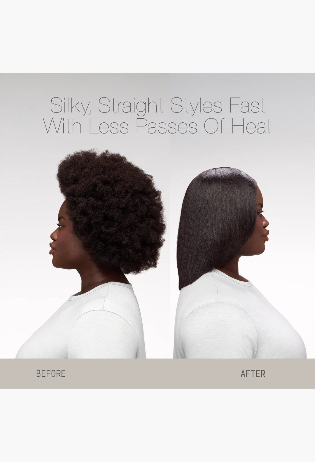 GLAM MODA Heat Activated Silk Glaze shown on a model with natural curly hair and sleek straight hair side by side.