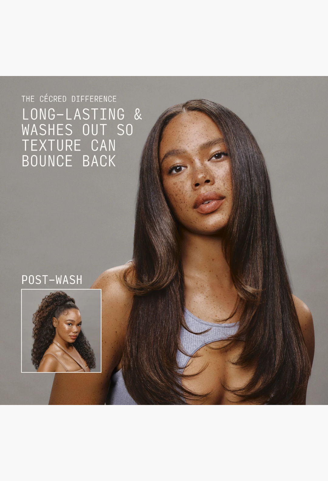 GLAM MODA model with long, sleek, straight dark hair and a glassy finish, showcasing a heat-activated silk glaze result