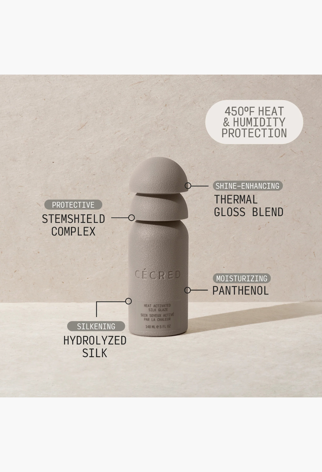 GLAM MODA Cécred Heat Activated Silk Glaze bottle with key ingredient labels highlighting silkening and protection.