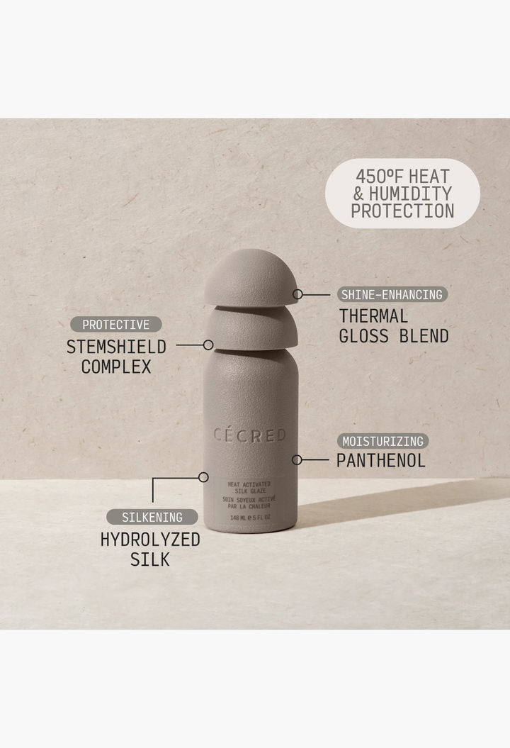 GLAM MODA Cécred Heat Activated Silk Glaze bottle with key ingredient labels highlighting silkening and protection.