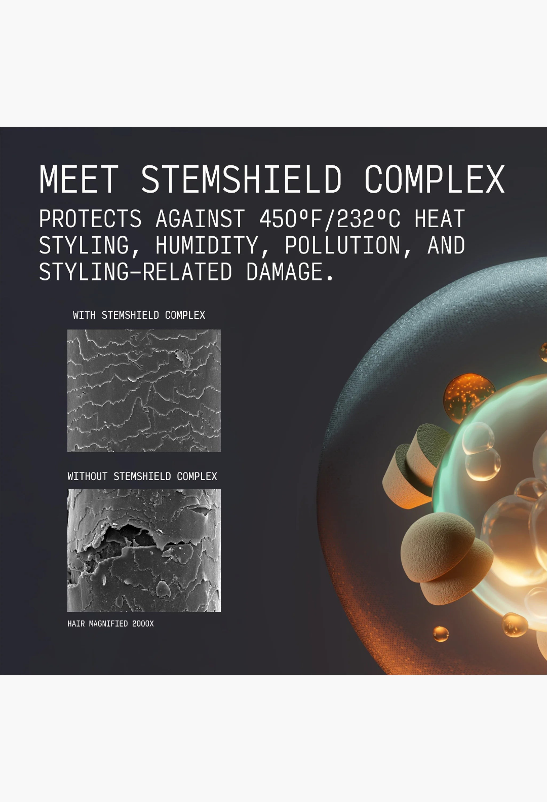 GLAM MODA Strong Hold Gel StemShield Complex infographic showing hair protection against heat and damage at 2000x zoom.