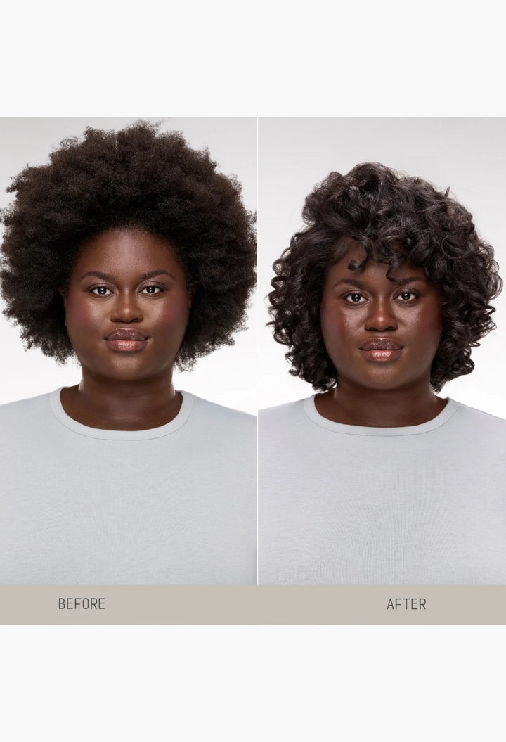 GLAM MODA Wrap & Set Foam before and after results on a woman with natural hair showing defined curls and frizz control