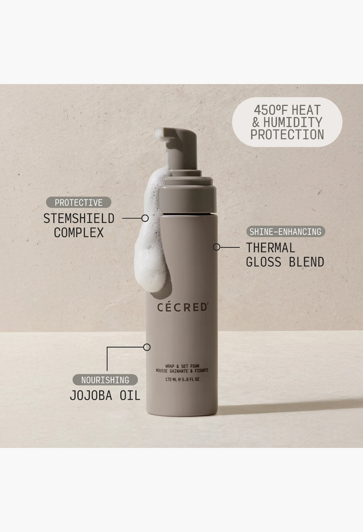 GLAM MODA Cecred Wrap and Set Foam bottle with foam pump, featuring heat protection and nourishing jojoba oil.
