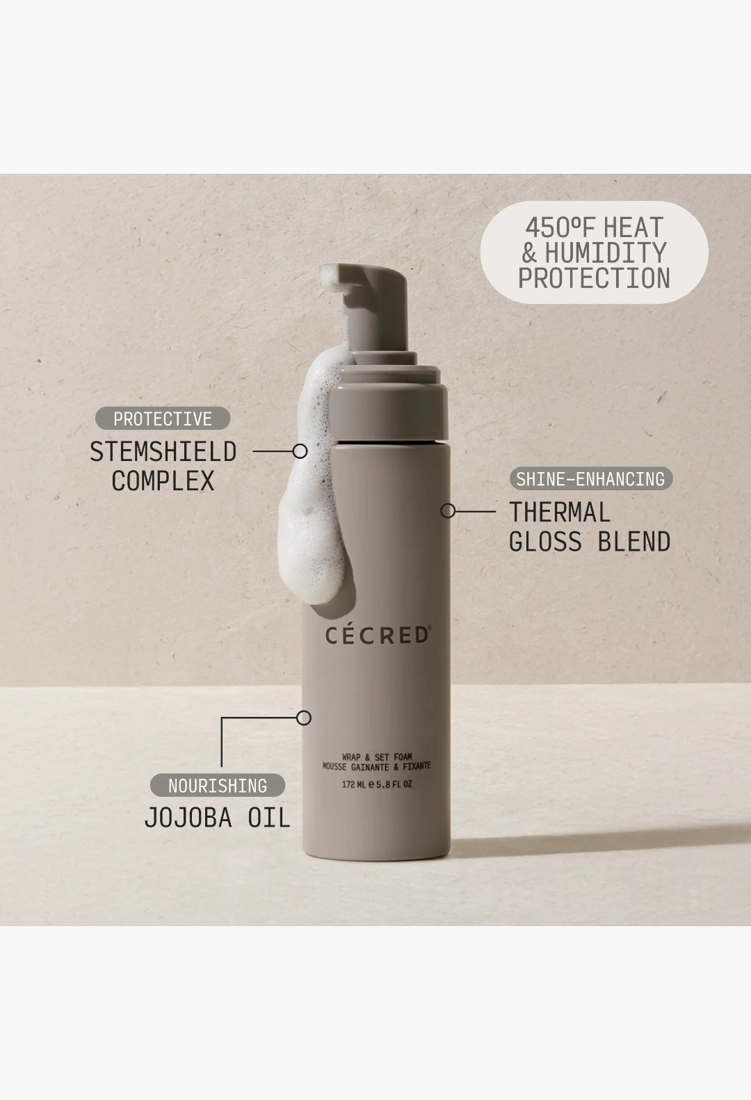 GLAM MODA CÉCRED Wrap & Set Foam bottle with dispensed white setting foam on a neutral background