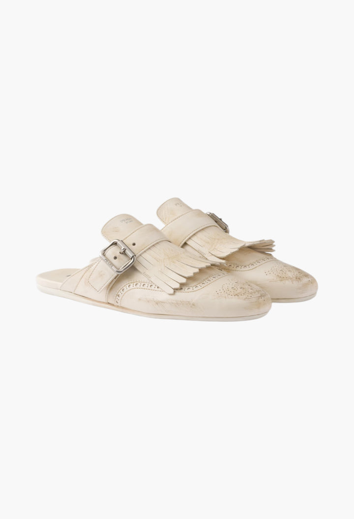 Chalk White - Shuffle Fringed Leather Mules - GLAM MODA