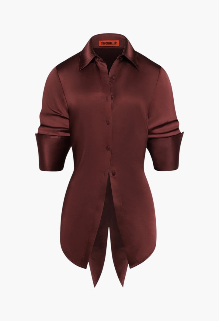 Choco Brown - Loch Satin Button Up - GLAM MODA