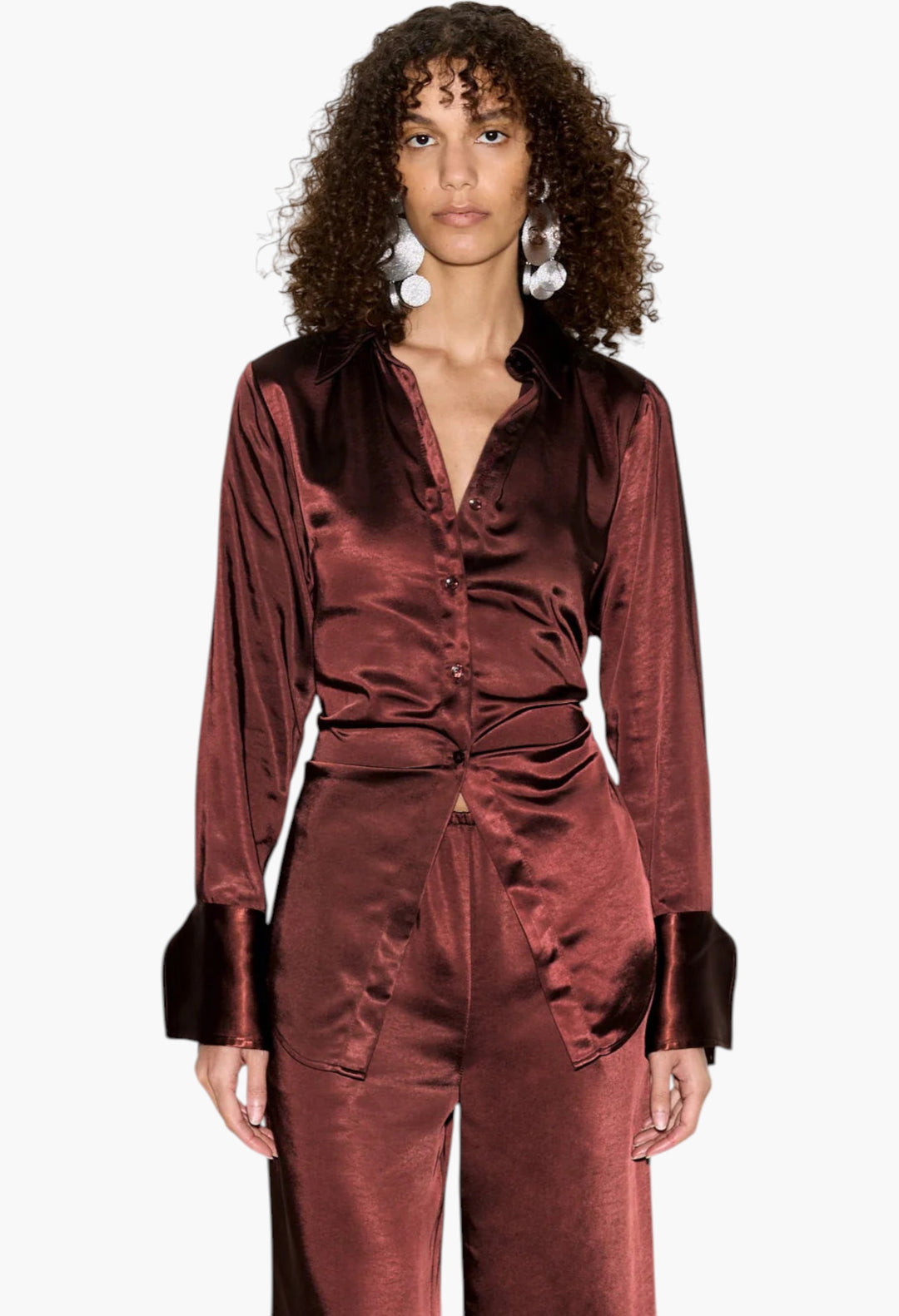 Choco Brown - Loch Satin Button Up - GLAM MODA