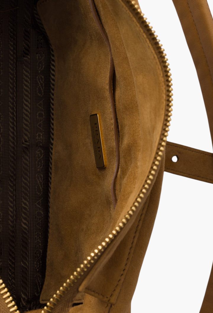 Cinnamon - Prada Explore Medium Suede Shoulder Bag With Flap - GLAM MODA