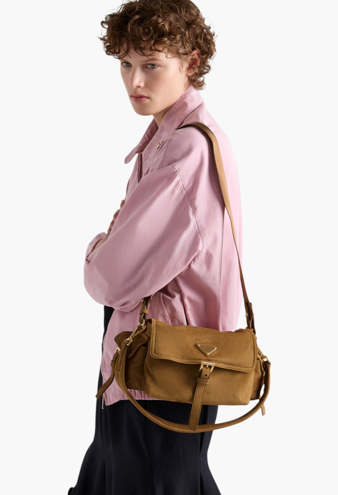 Cinnamon - Prada Explore Medium Suede Shoulder Bag With Flap - GLAM MODA
