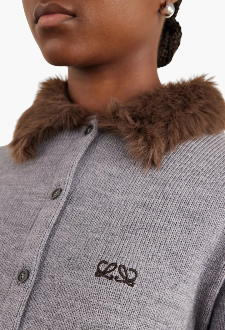 Plush-trimmed logo-embroidered wool cardigan