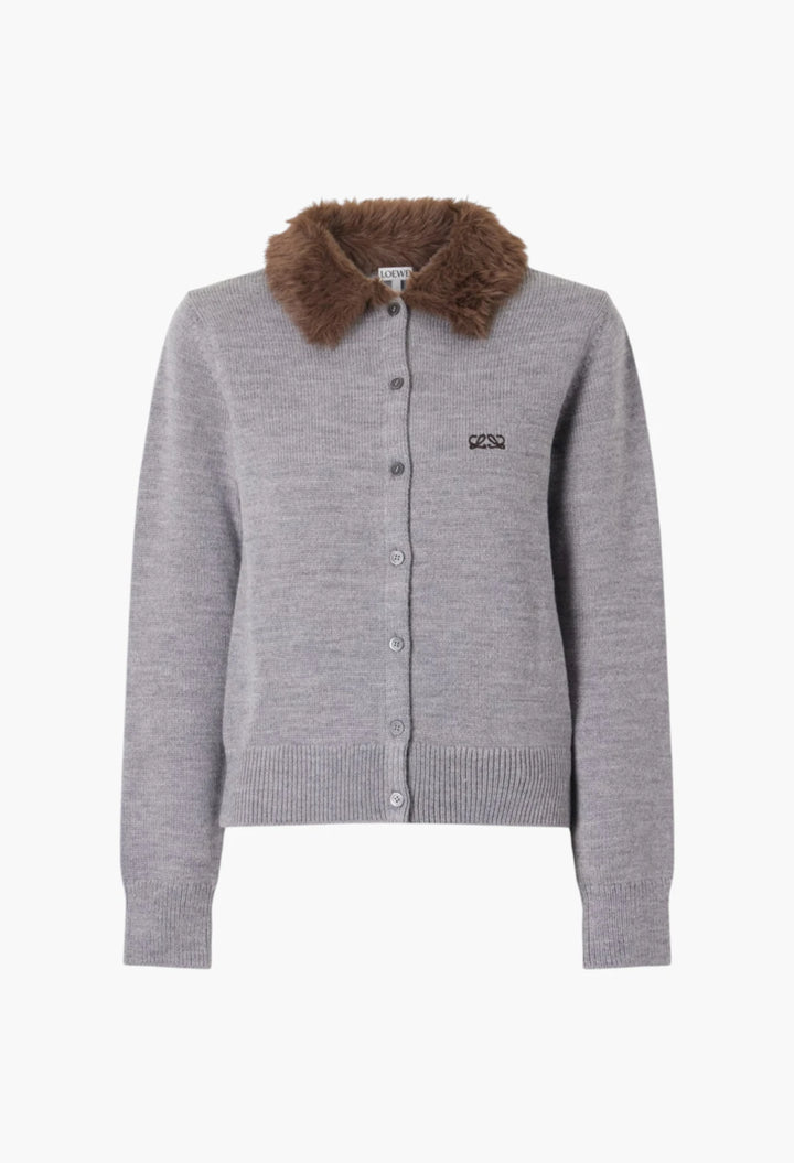 Plush-trimmed logo-embroidered wool cardigan