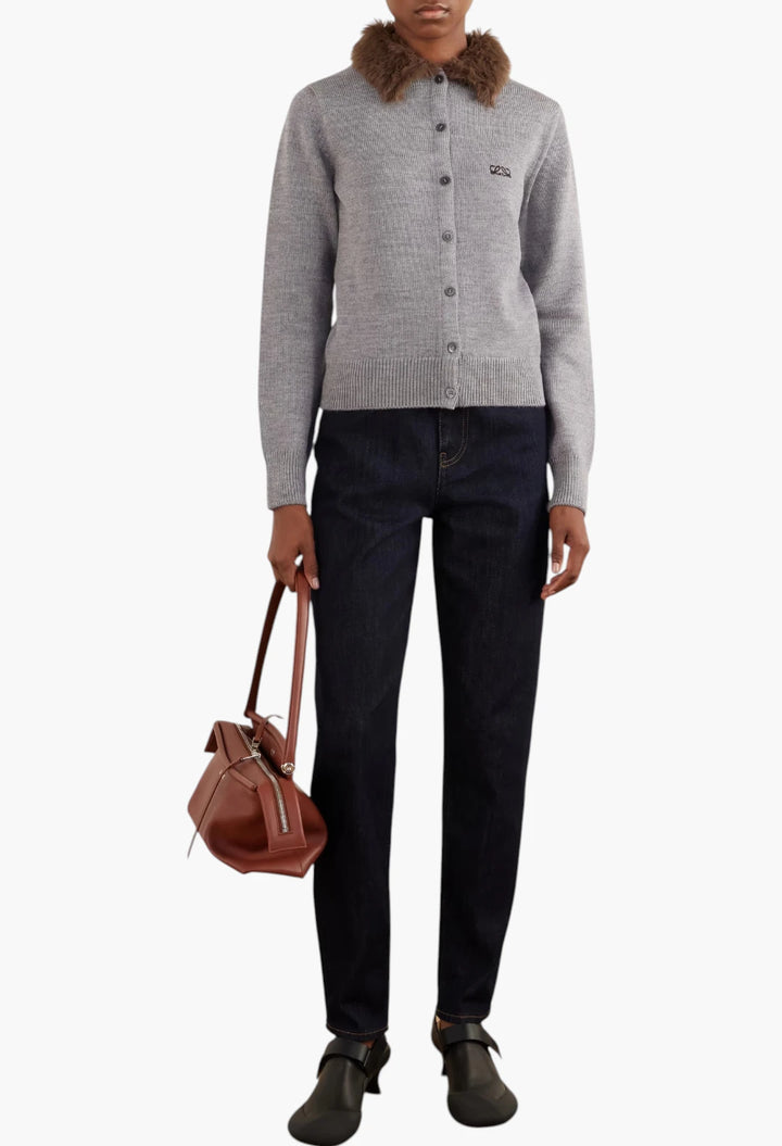 Plush-trimmed logo-embroidered wool cardigan