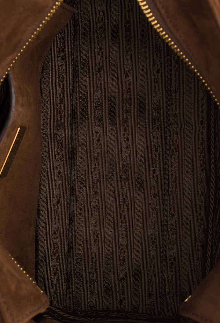 Cocoa Brown - Prada Explore Medium Suede Shoulder Bag With Flap - GLAM MODA