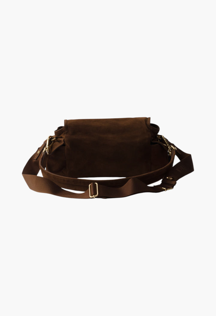Cocoa Brown - Prada Explore Medium Suede Shoulder Bag With Flap - GLAM MODA