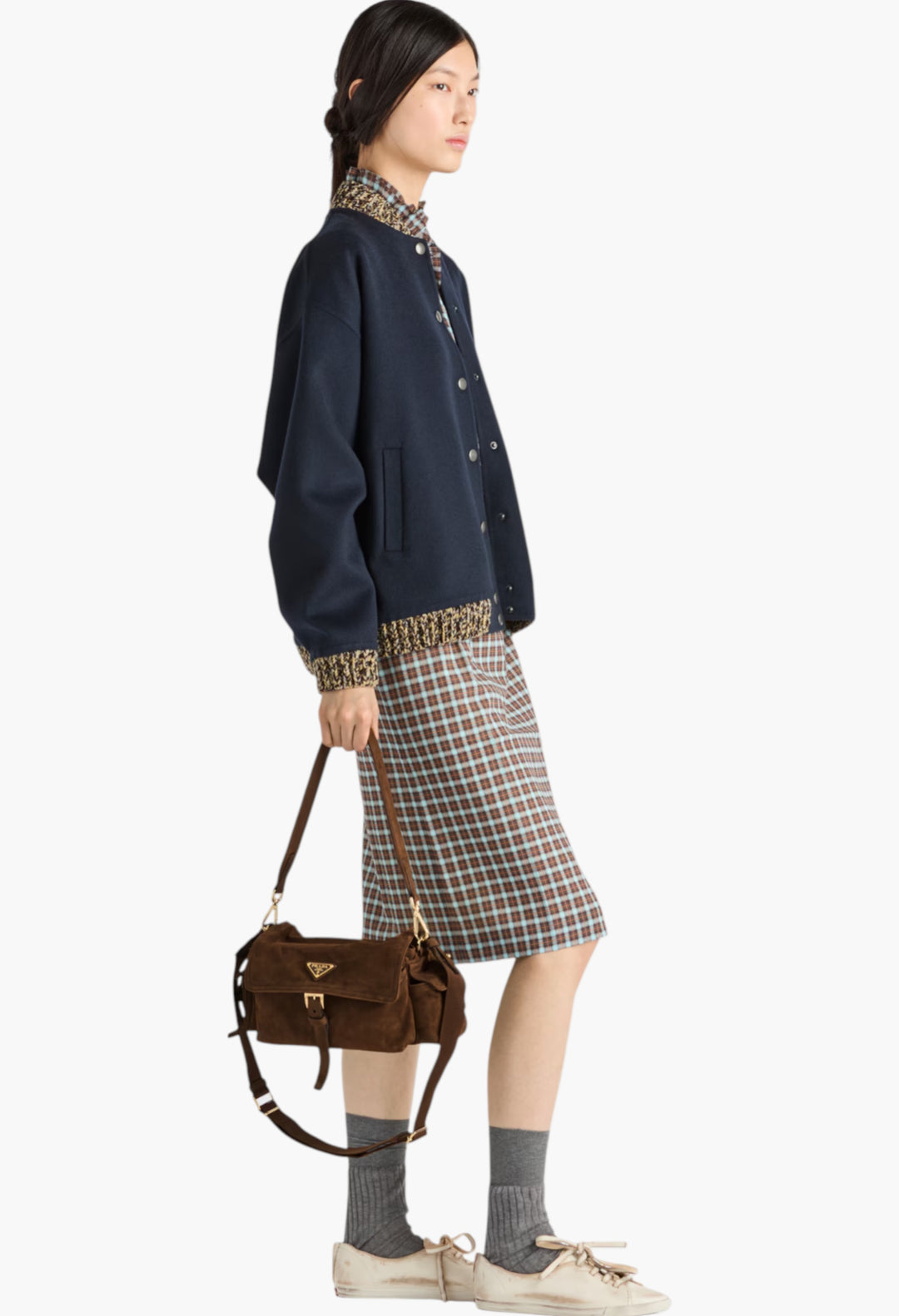 Cocoa Brown - Prada Explore Medium Suede Shoulder Bag With Flap - GLAM MODA