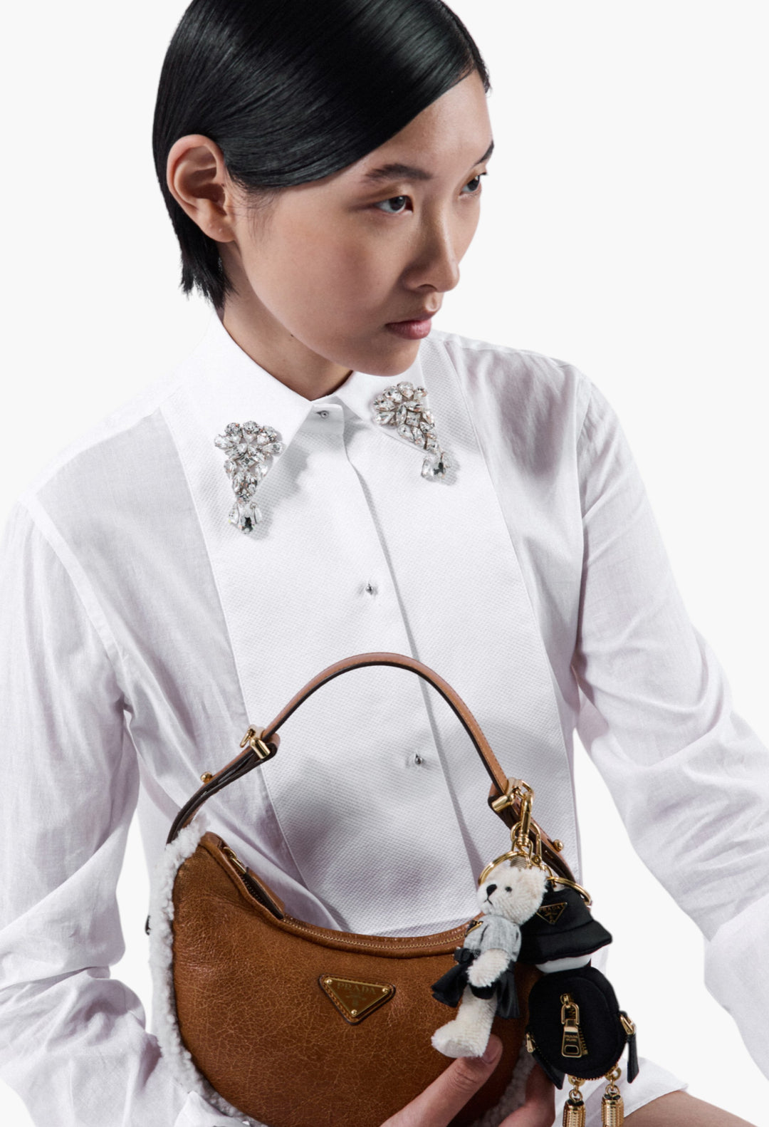 Cognac/Natural - Prada Arqué Small Shearling Shoulder Bag - GLAM MODA