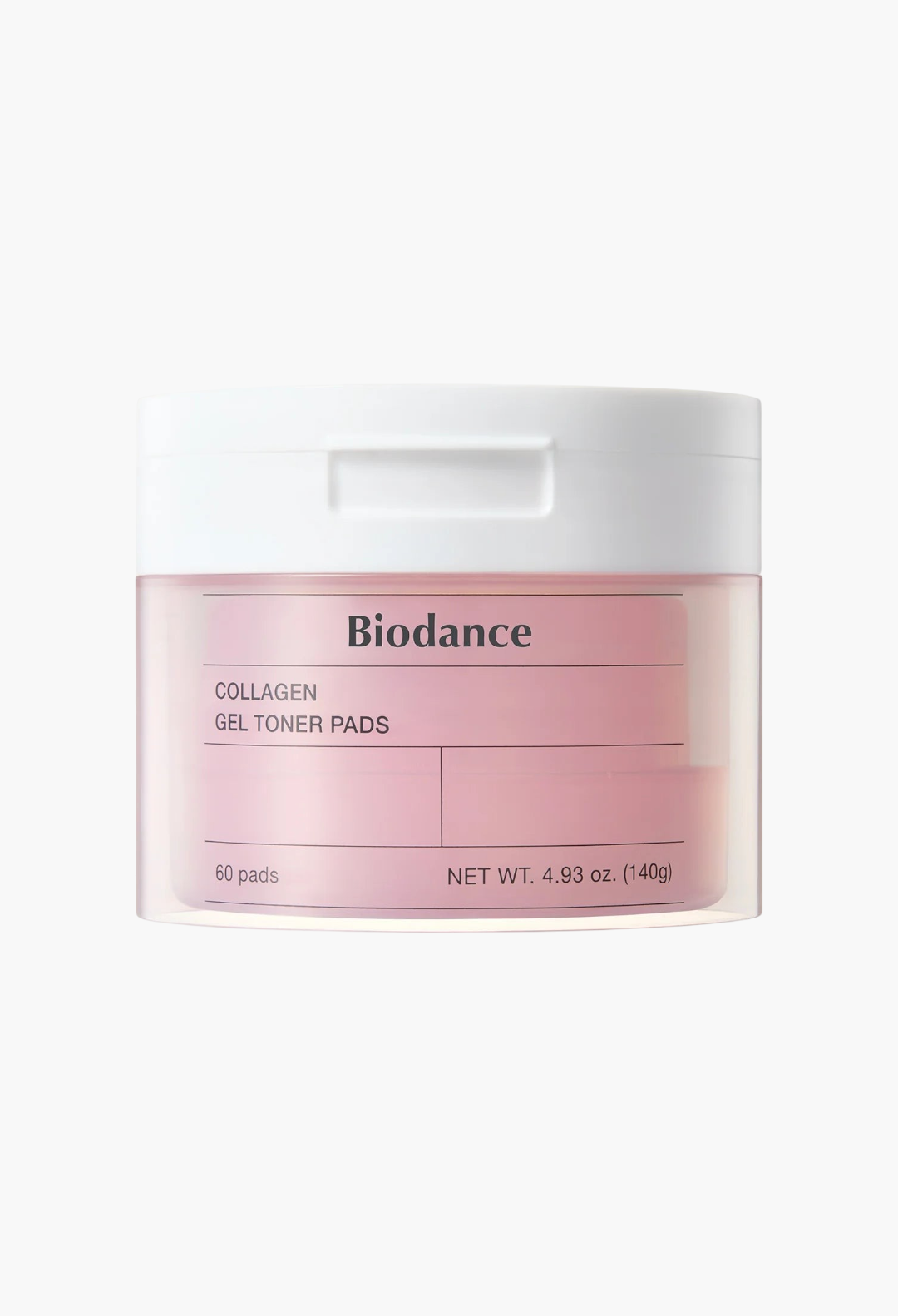 GLAM MODA Biodance Collagen Gel Toner Pads in a pink translucent jar with a white lid for skin elasticity.