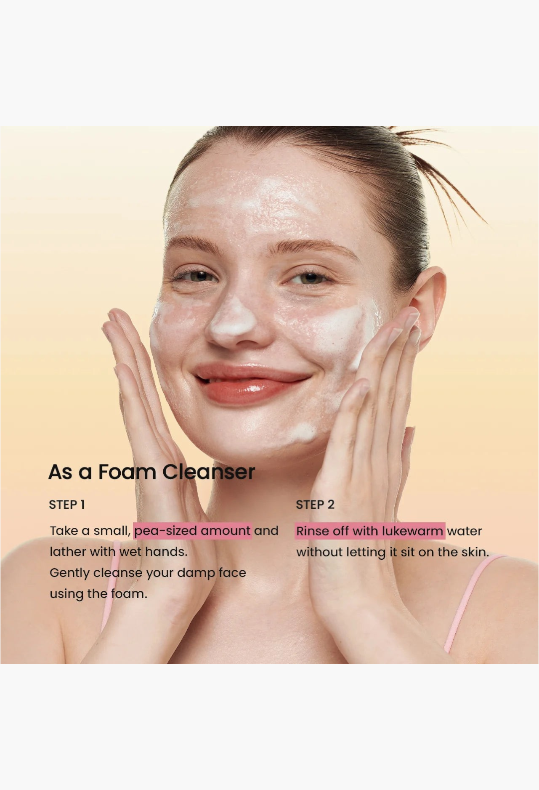 GLAM MODA Collagen Mask to Foam Cleanser applied as a creamy white foam on a woman's face for daily cleansing.