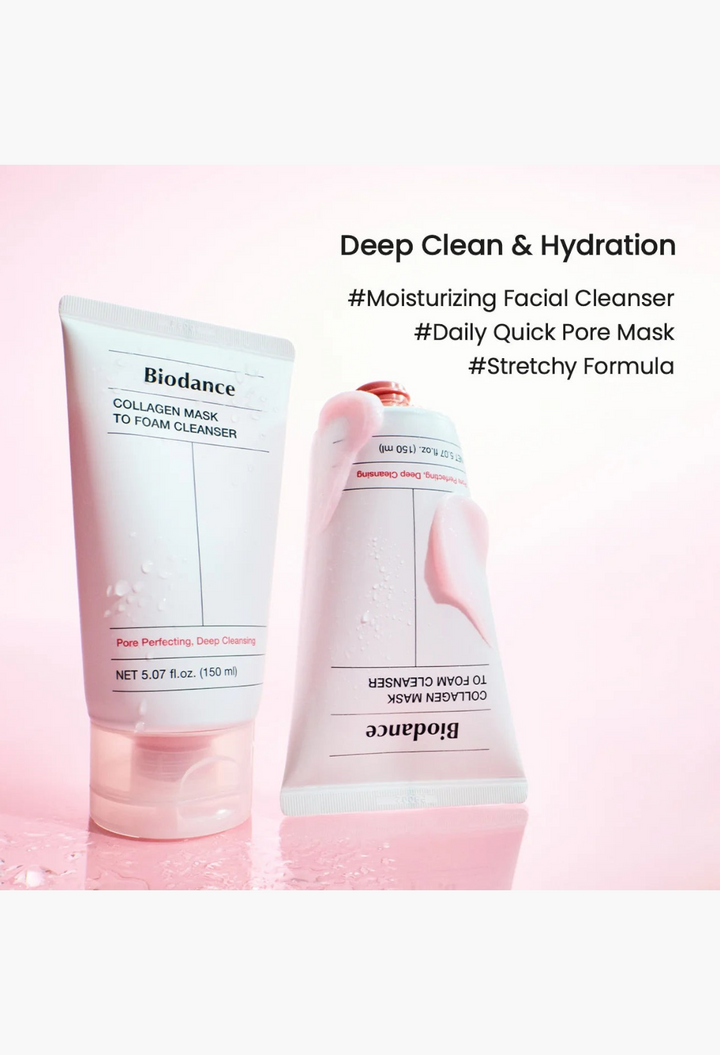 GLAM MODA Biodance collagen mask to foam cleanser tubes with stretchy pink formula on a soft pink background