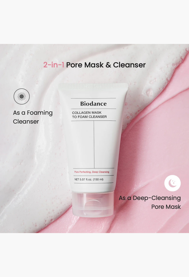 GLAM MODA Biodance Collagen Mask to Foam Cleanser tube with white and pink creamy textures on a background.