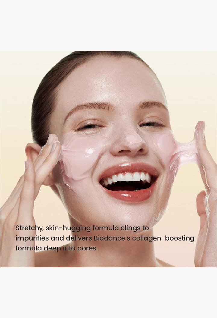 GLAM MODA model applying a stretchy, pink collagen mask-to-foam cleanser to her face for deep pore cleansing.