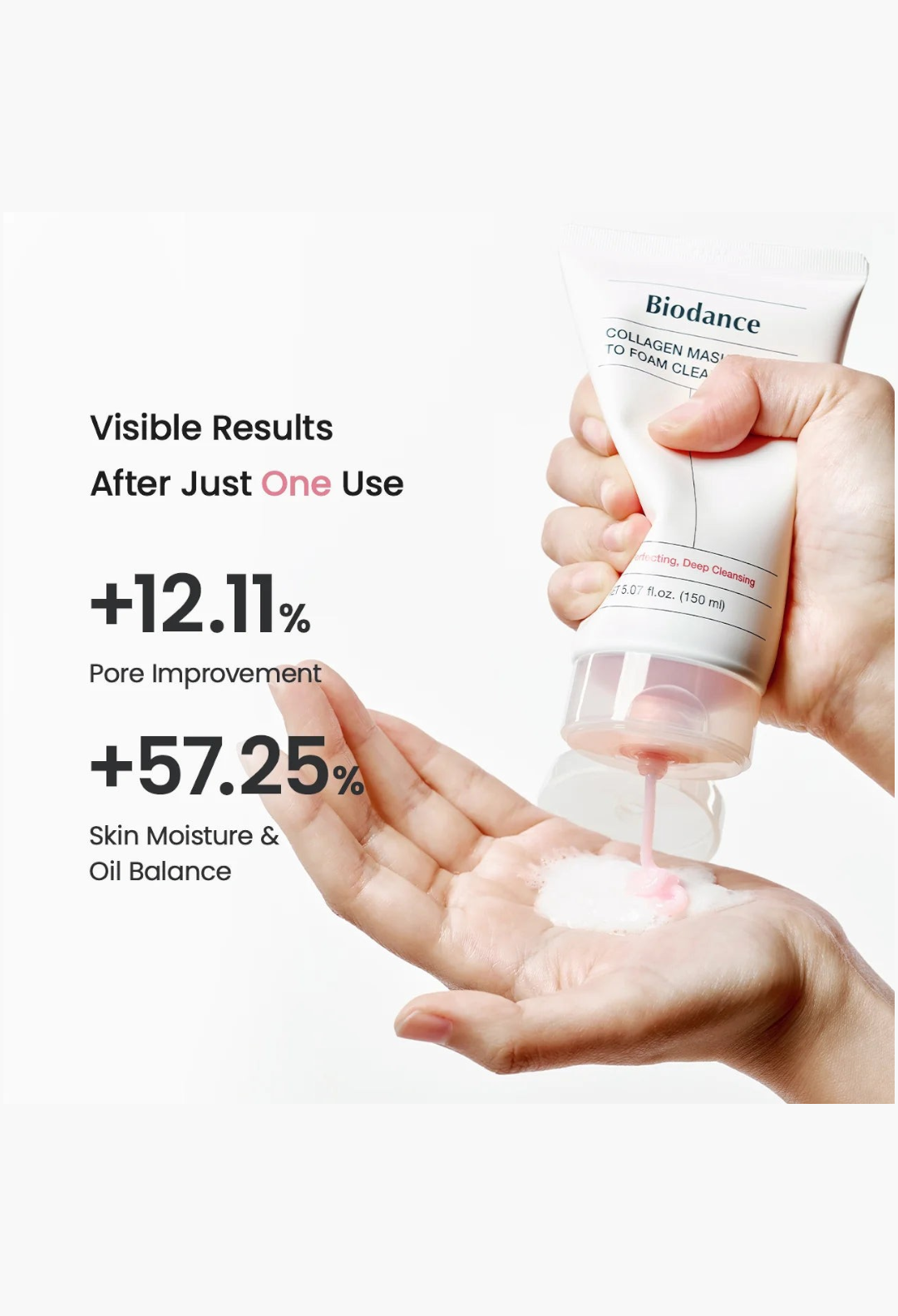 GLAM MODA Biodance collagen mask to foam cleanser being squeezed onto a hand showing pink creamy texture