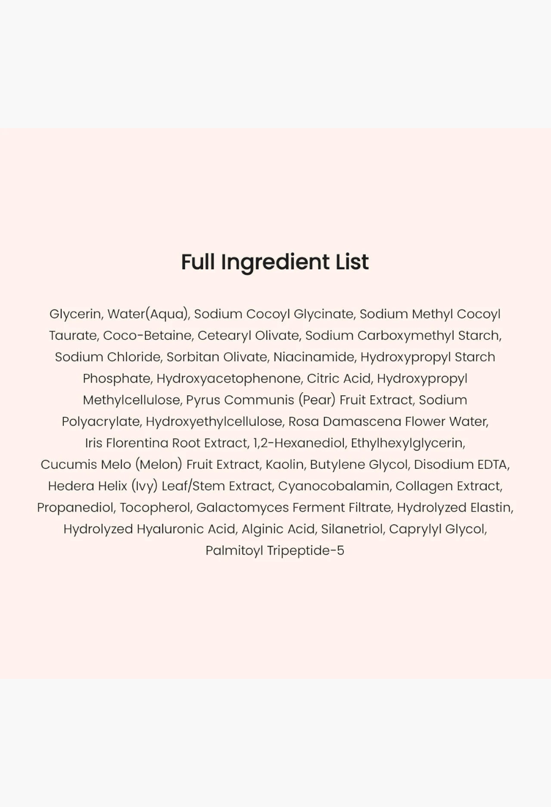 GLAM MODA Collagen Mask to Foam Cleanser full ingredient list printed on a soft pink background.