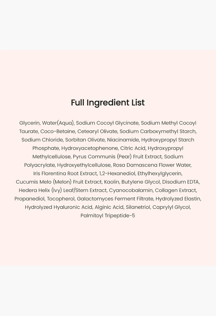 GLAM MODA Collagen Mask to Foam Cleanser full ingredient list printed on a soft pink background.