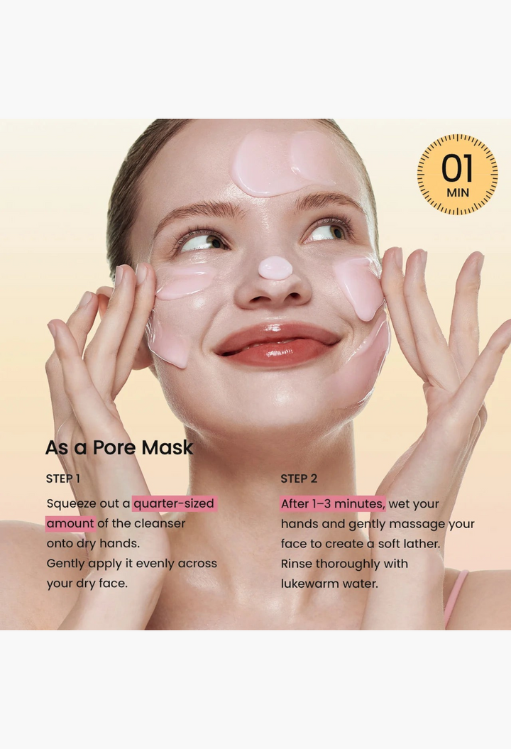 GLAM MODA Collagen Mask to Foam Cleanser applied as a pink pore-refining mask on a woman's face for 1 minute.