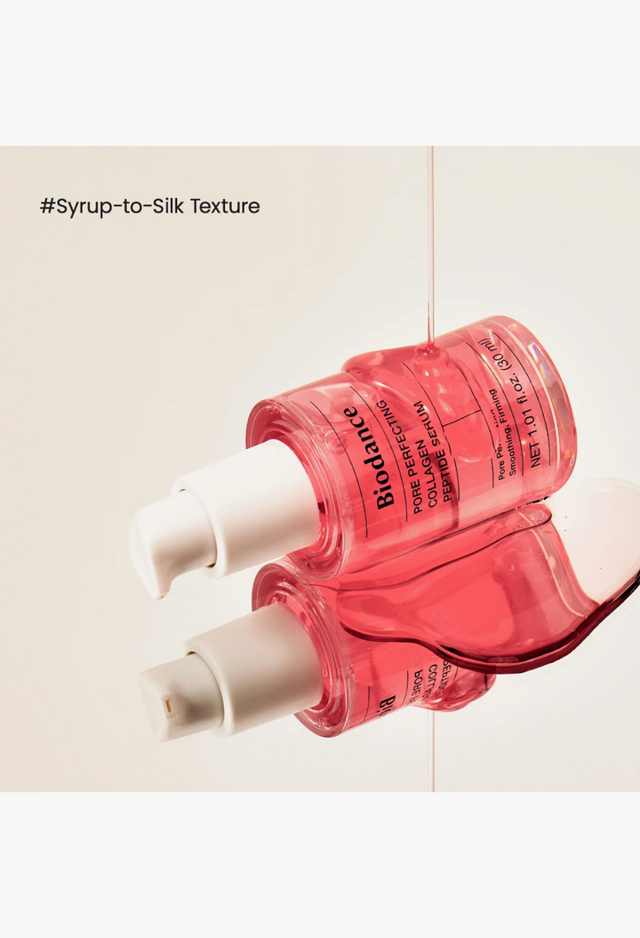 GLAM MODA Biodance Pore Perfecting Collagen Peptide Serum with a syrup-to-silk texture dripping on a reflective surface